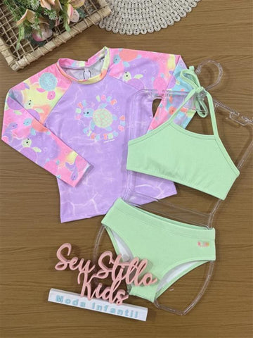 Biquíni Infantil Kukiê Verão Verde com Blusa Manga Longa Tartaruguinha