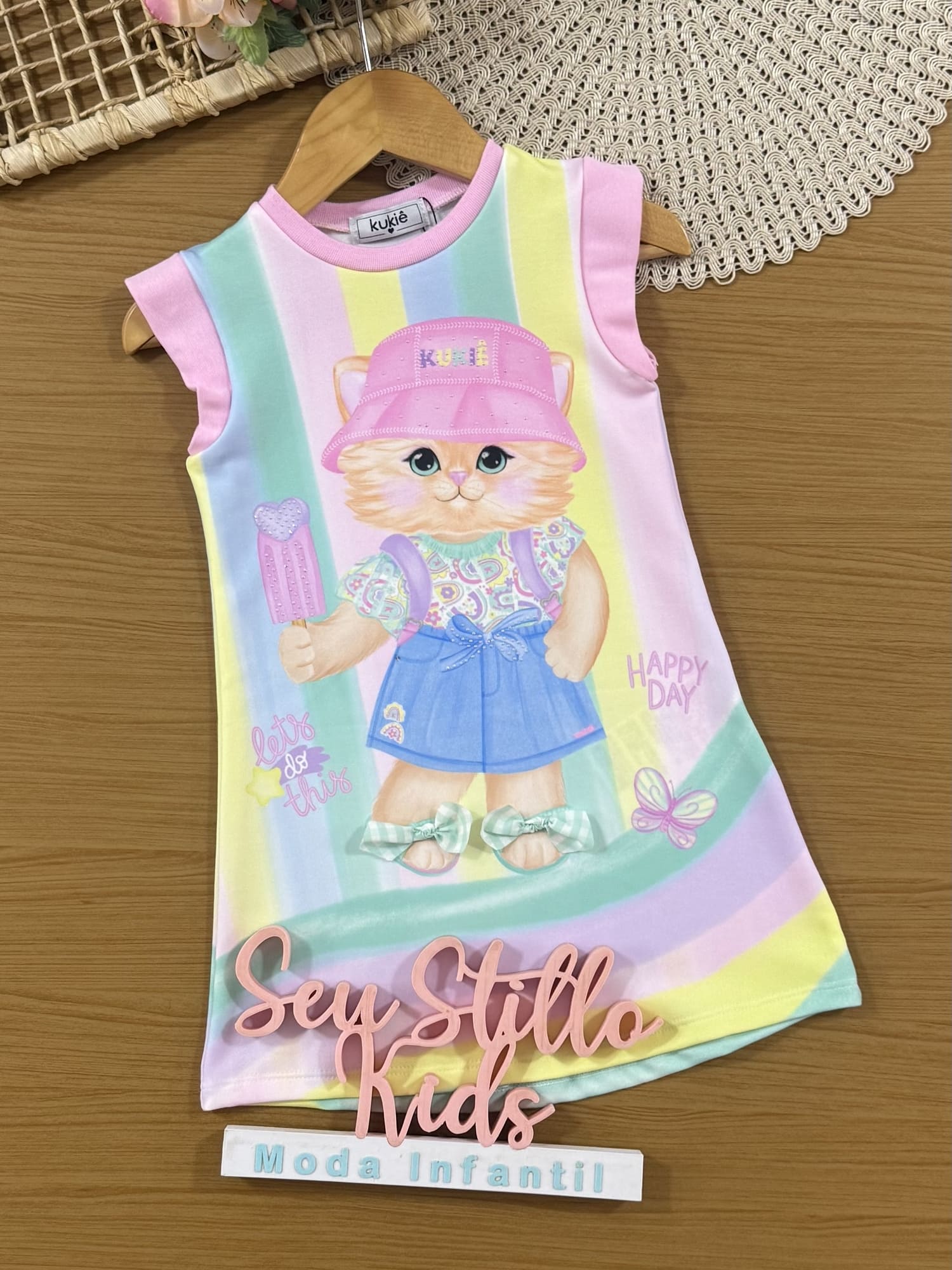 Vestido Infantil Kukiê Verão Colorido Gatinha