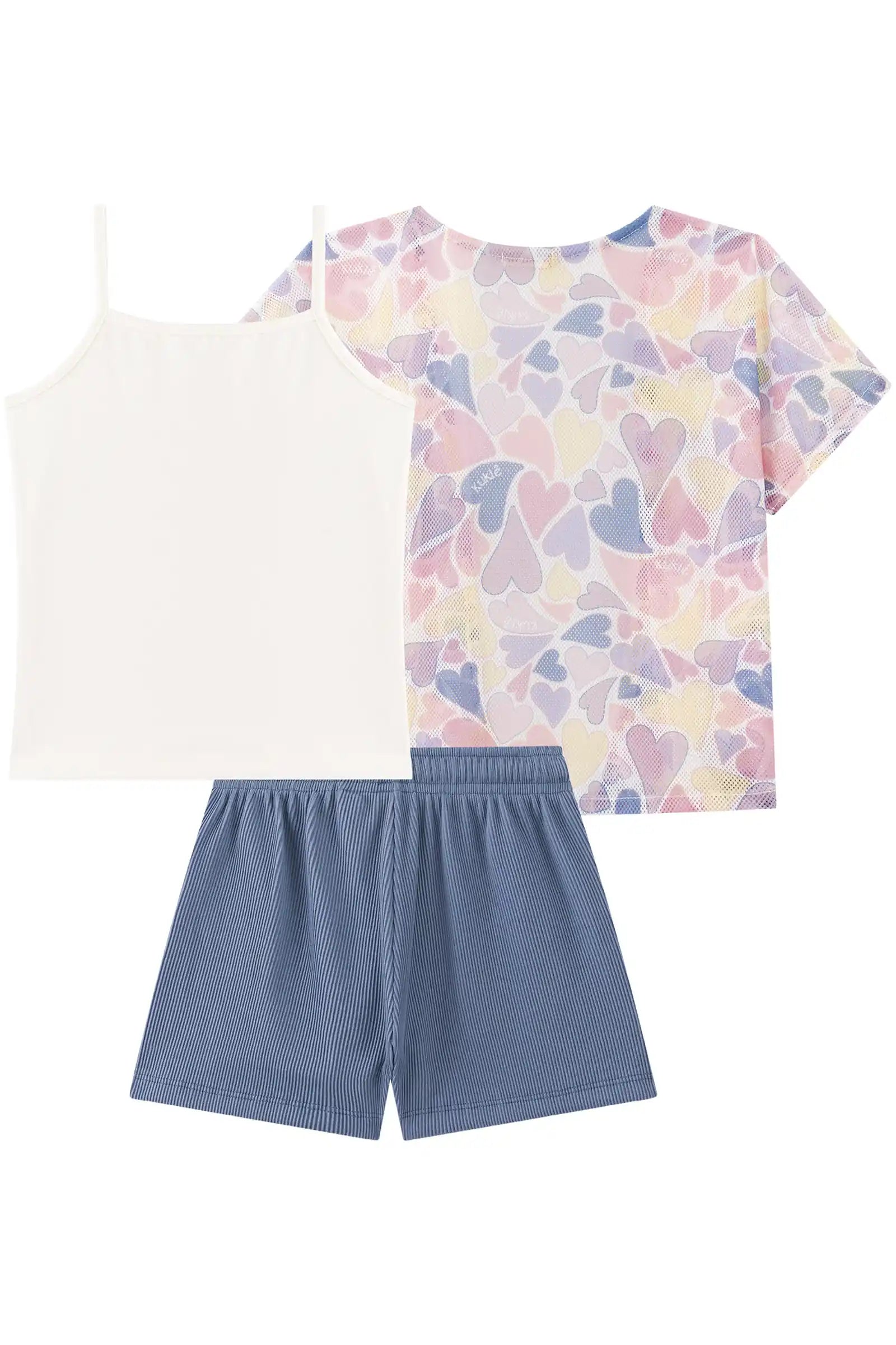 Conjunto Infantil Kukiê Inverno com Shorts Azul, Blusa e Kimono Corações