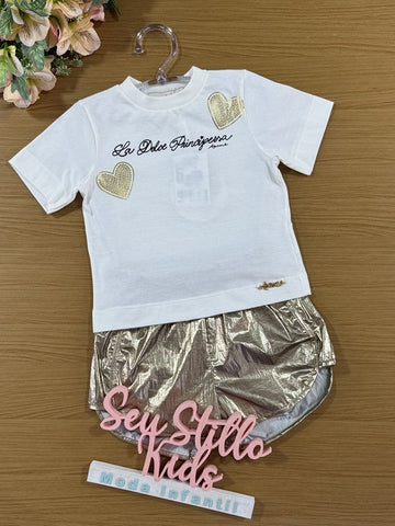 Conjunto Infantil Animê Verão  Shorts Metalizado Dourado e Blusa Coração