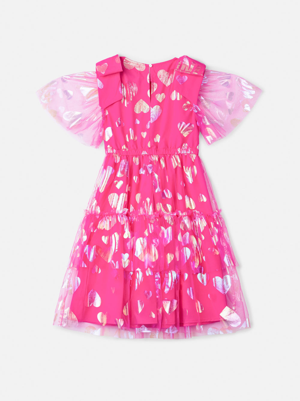 Vestido Infantil Animê Verão Tule Corações Pink