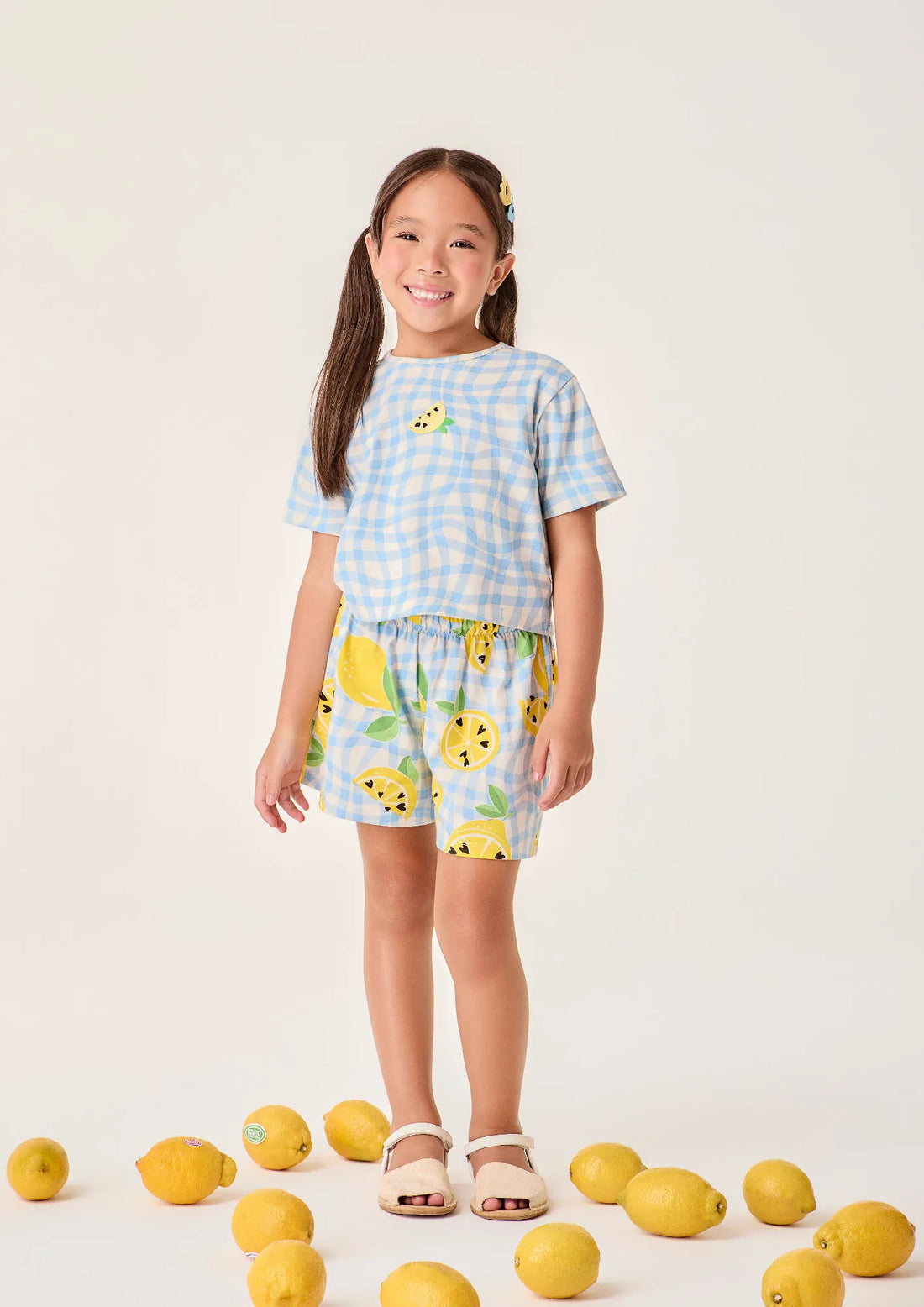 Conjunto Infantil Menina Bimbi com Shorts e Blusa Xadrez Azul Limãozinho