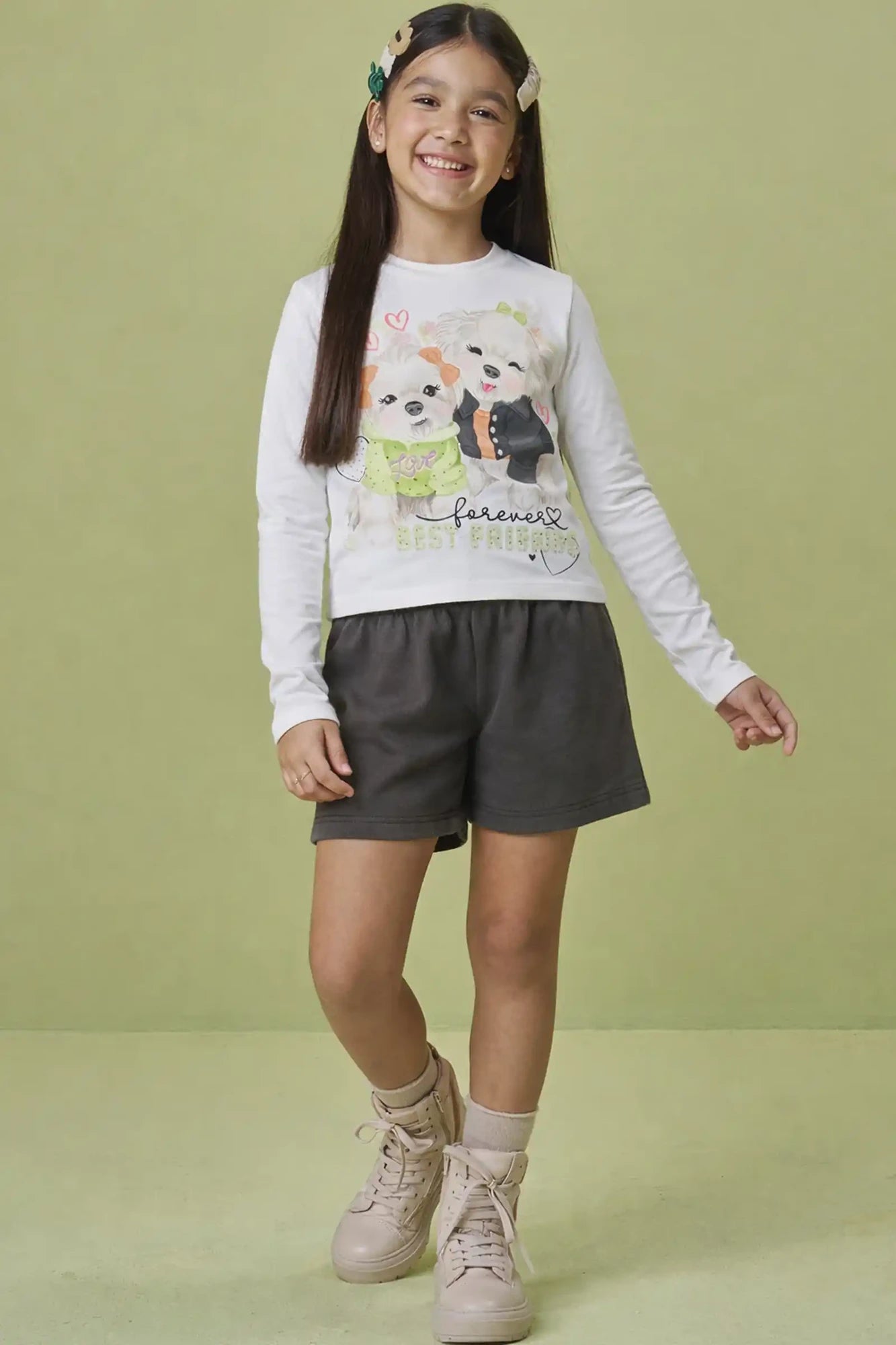 Conjunto Infantil Kukiê com Shorts Cinza e Blusa Cachorrinhas Best Friends