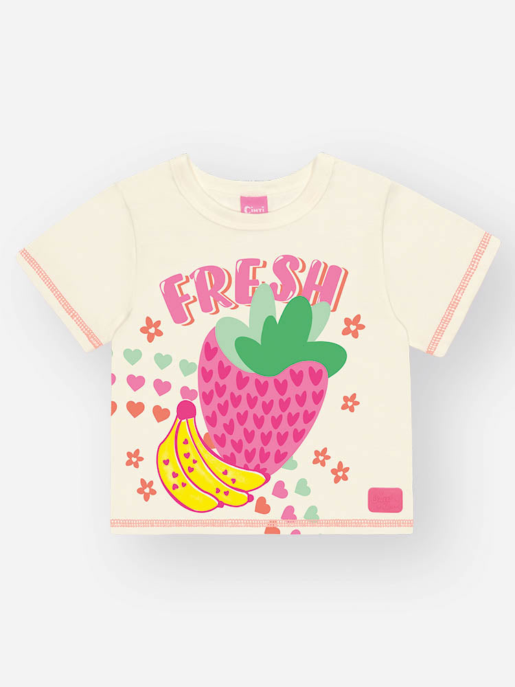 Conjunto Infantil Cinti Verão, Shorts Laranja e Blusa Branca Frutinhas com Pulseira