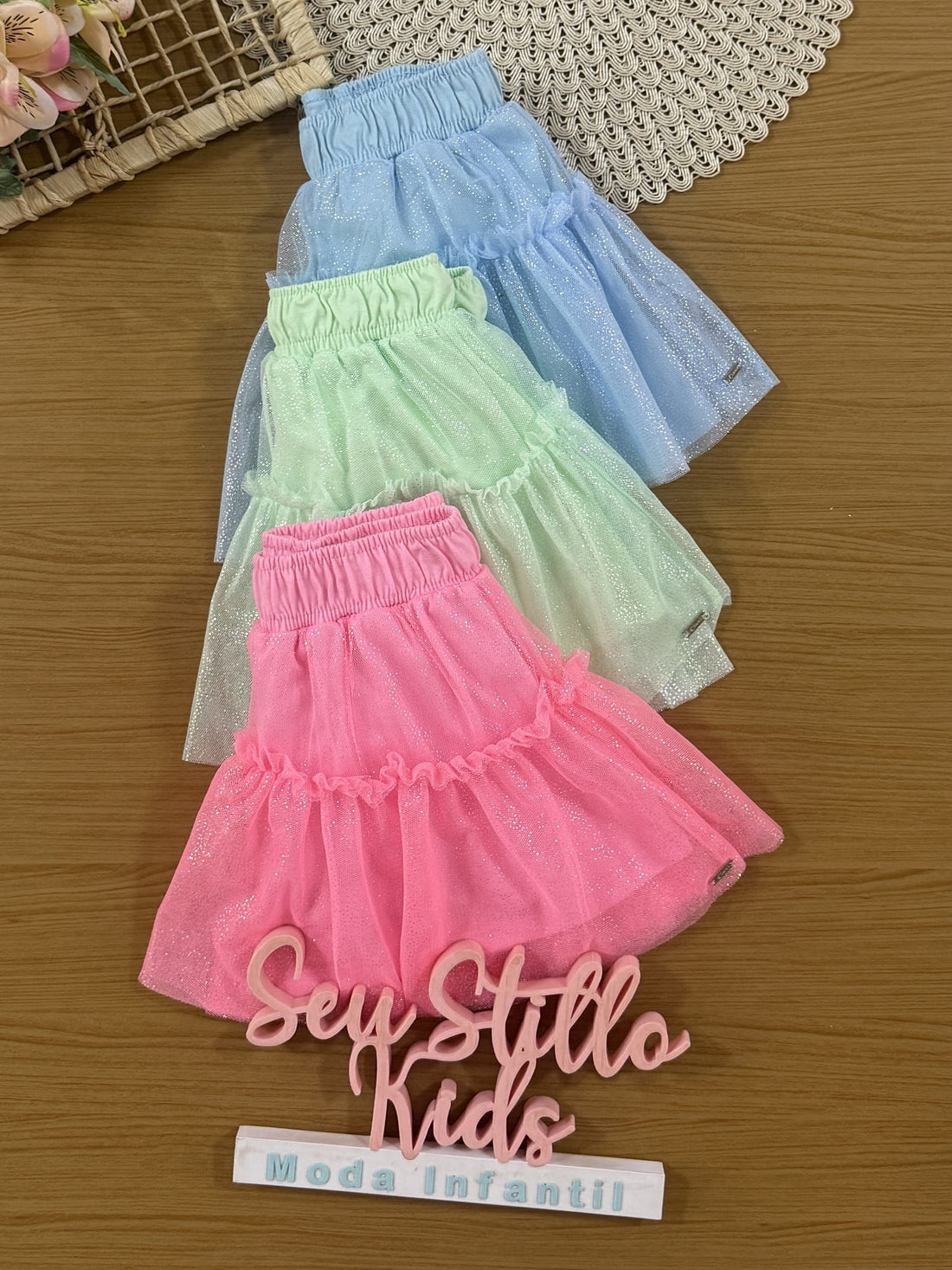 Saia Infantil Cinti Verão Azul em Tule com Brilho