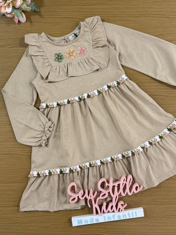 Vestido Infantil Kukiê Inverno Marrom Flores