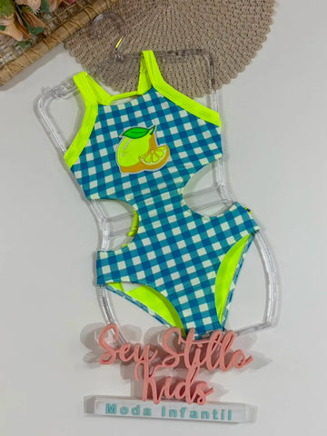 Maiô Infantil Siri Kids Xadrez Azul Camila Vichy Limão 43226