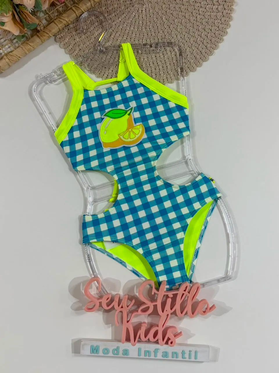 Maiô Infantil Siri Kids Xadrez Azul Camila Vichy Limão 43226