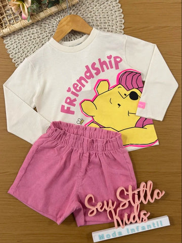 Conjunto Infantil Bimbi Inverno com Shorts Rosa e Blusa Manga Longa Pooh Friendship