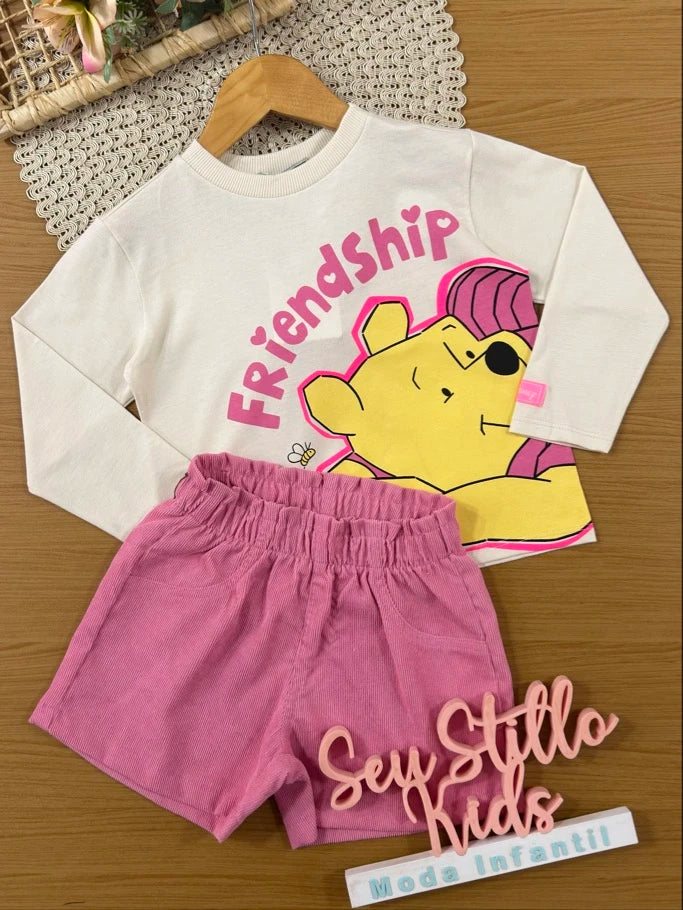 Conjunto Infantil Bimbi Inverno com Shorts Rosa e Blusa Manga Longa Pooh Friendship