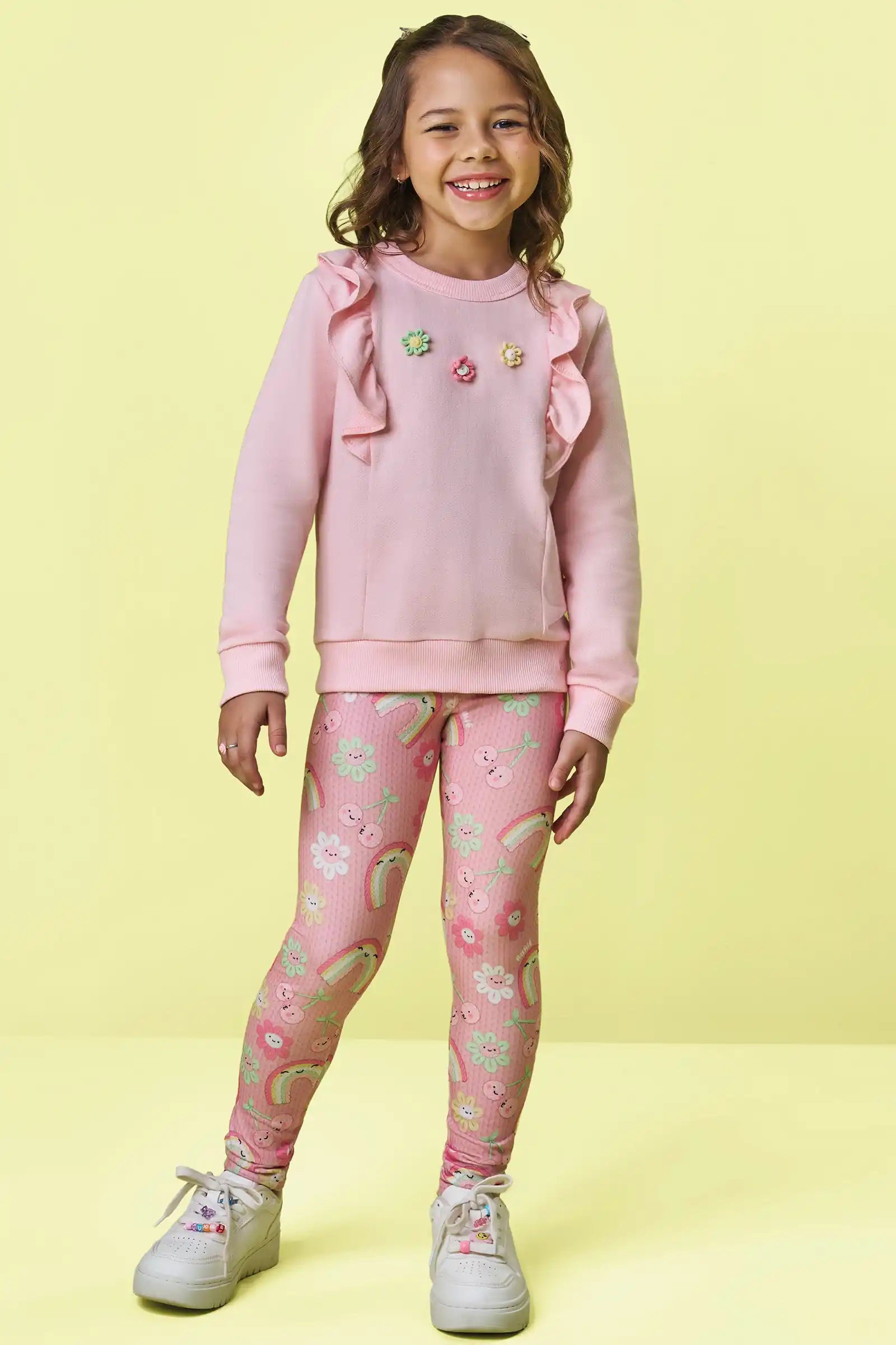 Conjunto Infantil Kukiê Inverno com Calça Legging e Moletom sem Flanela Rosa Florzinhas Coloridas