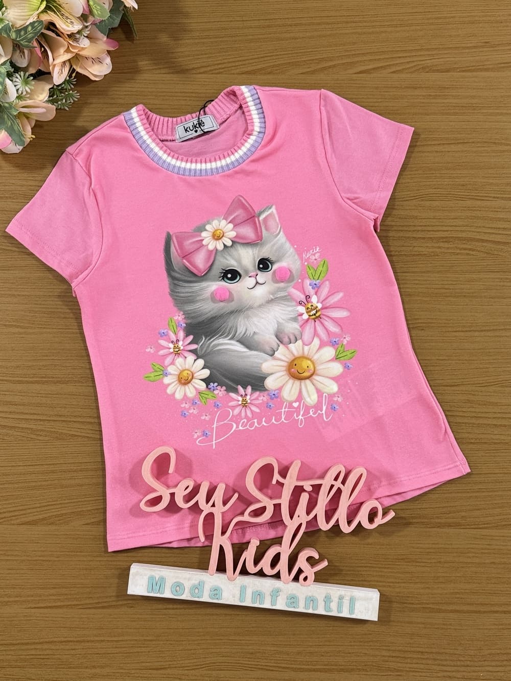 Blusa Infantil Kukie Verão Rosa Gatinha