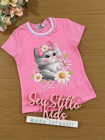 Blusa Infantil Kukie Verão Rosa Gatinha