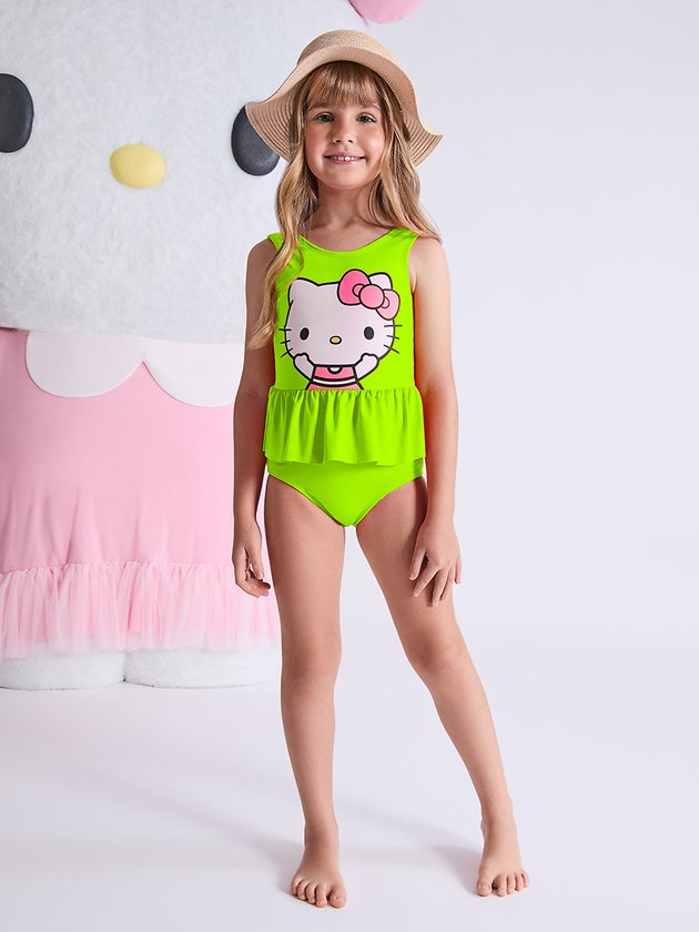 Maiô Infantil Momi Verão Amarelo Neon com Babado Hello Kitty