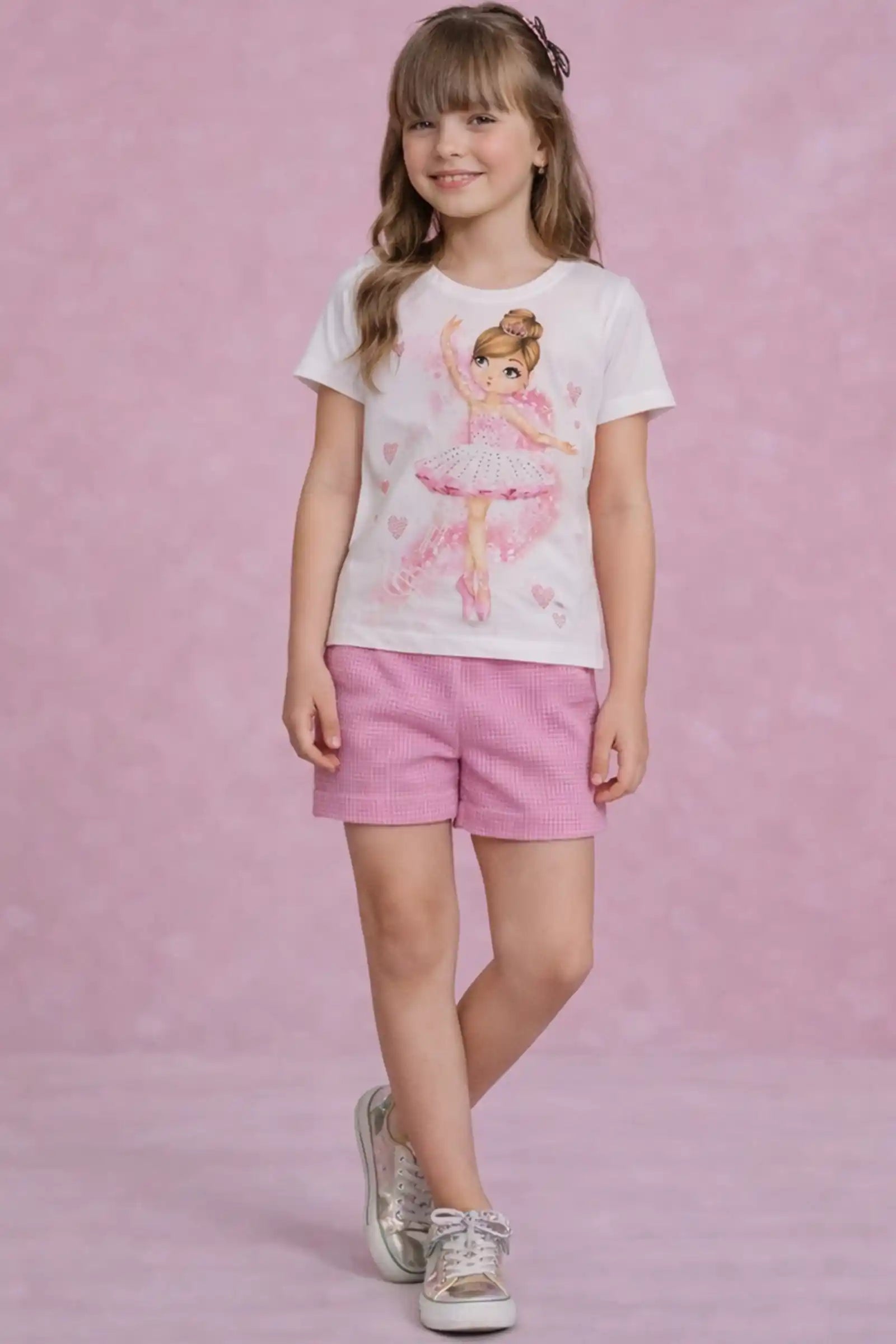 Conjunto Infantil Kukiê com Shorts Rosa e Blusa Bailarina