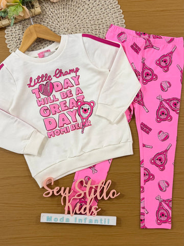 Conjunto Infantil Momi Inverno com Calça Legging Rosa e Moletom sem Flanela Little Champ