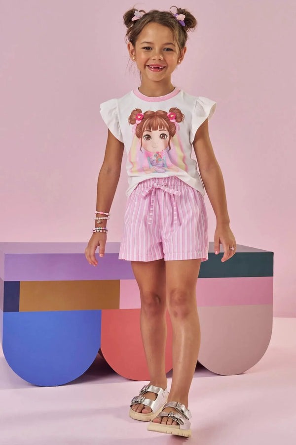 Conjunto Infantil Kukiê Verão com Shorts Rosa Listrado e Blusa Branca Menina Arco-íris