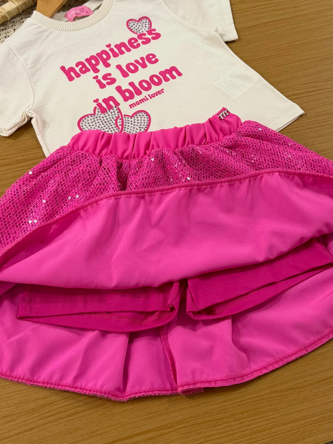 Conjunto Infantil Momi Inverno com Saia Rosa e Blusa Manga Longa Happiness