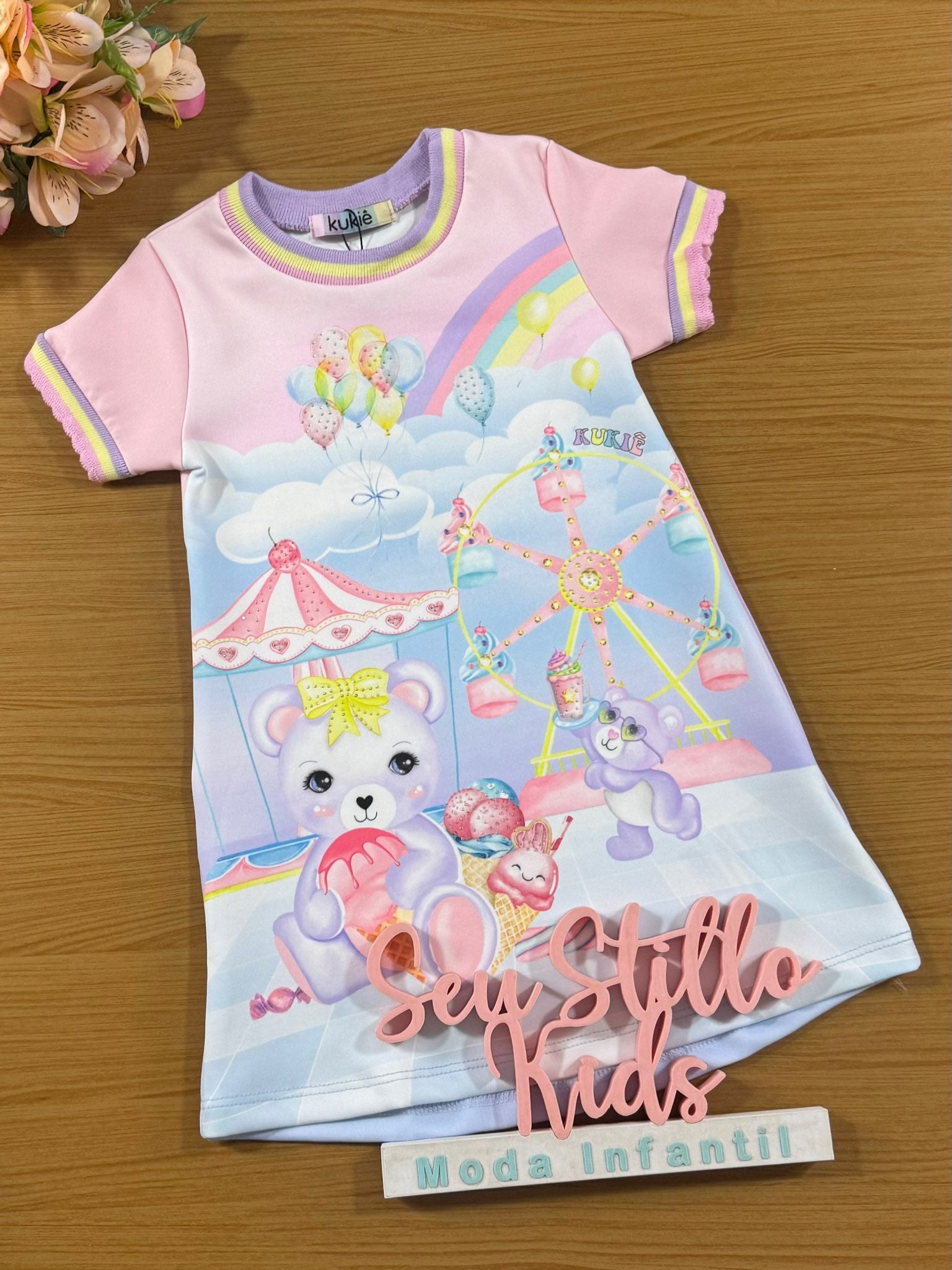 Vestido Infantil Kukie Inverno Manga Curta Ursinho Circo