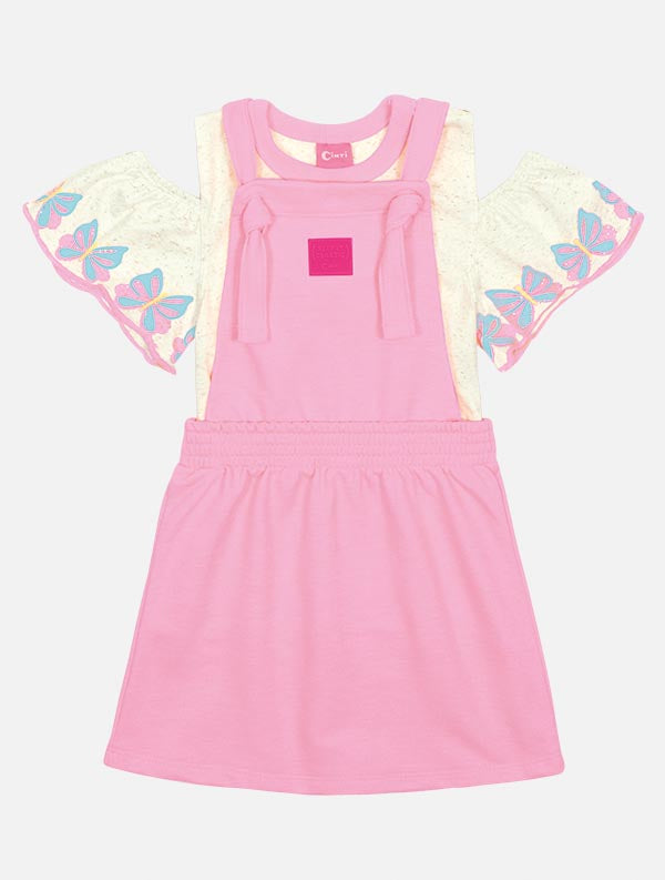 Salopete Infantil Cinti Verão Rosa Com Blusa Off White Borboletas