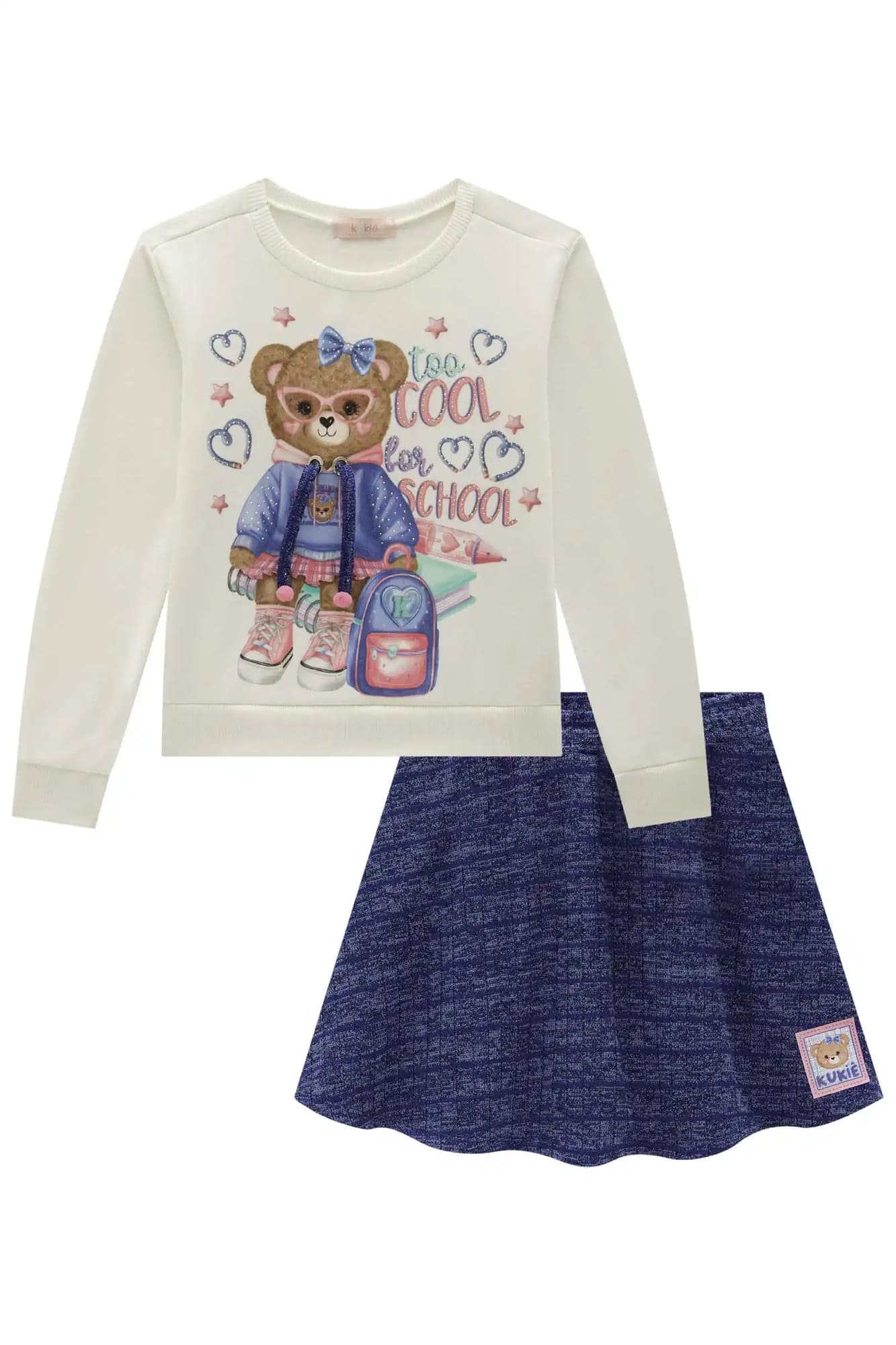 Conjunto Infantil Kukiê Inverno com Saia Azul e Casaco Branco Ursinha com Strass