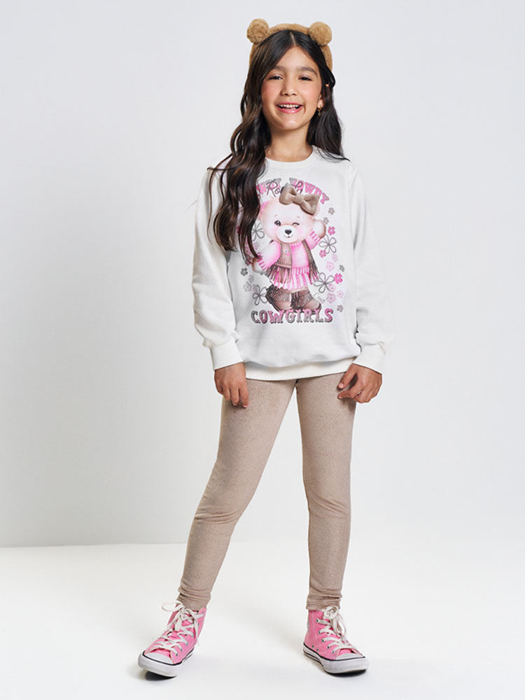 Conjunto Infantil Cinti Inverno com Calça Legging Bege e Moletom Flanelado Ursinha Lacinho