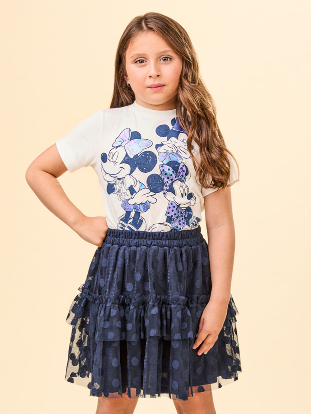 Conjunto Infantil Animê Verão Saia Marinho Tule e Blusa Minnie Disney