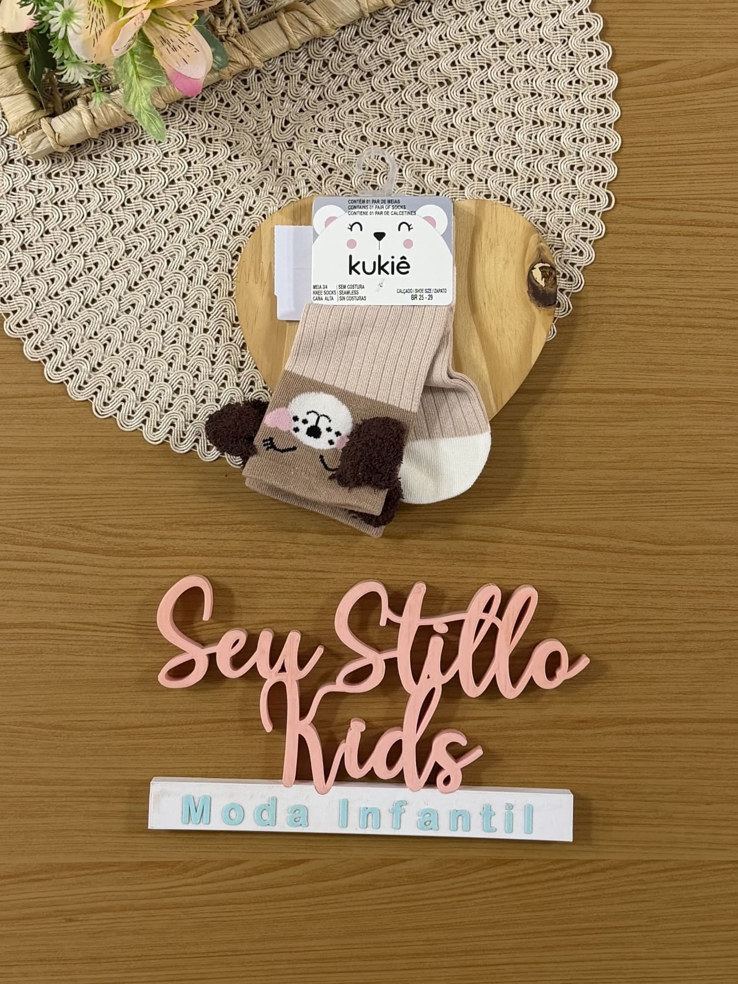 Meia Infantil 3/4 Kukiê Inverno Marrom Cachorrinha
