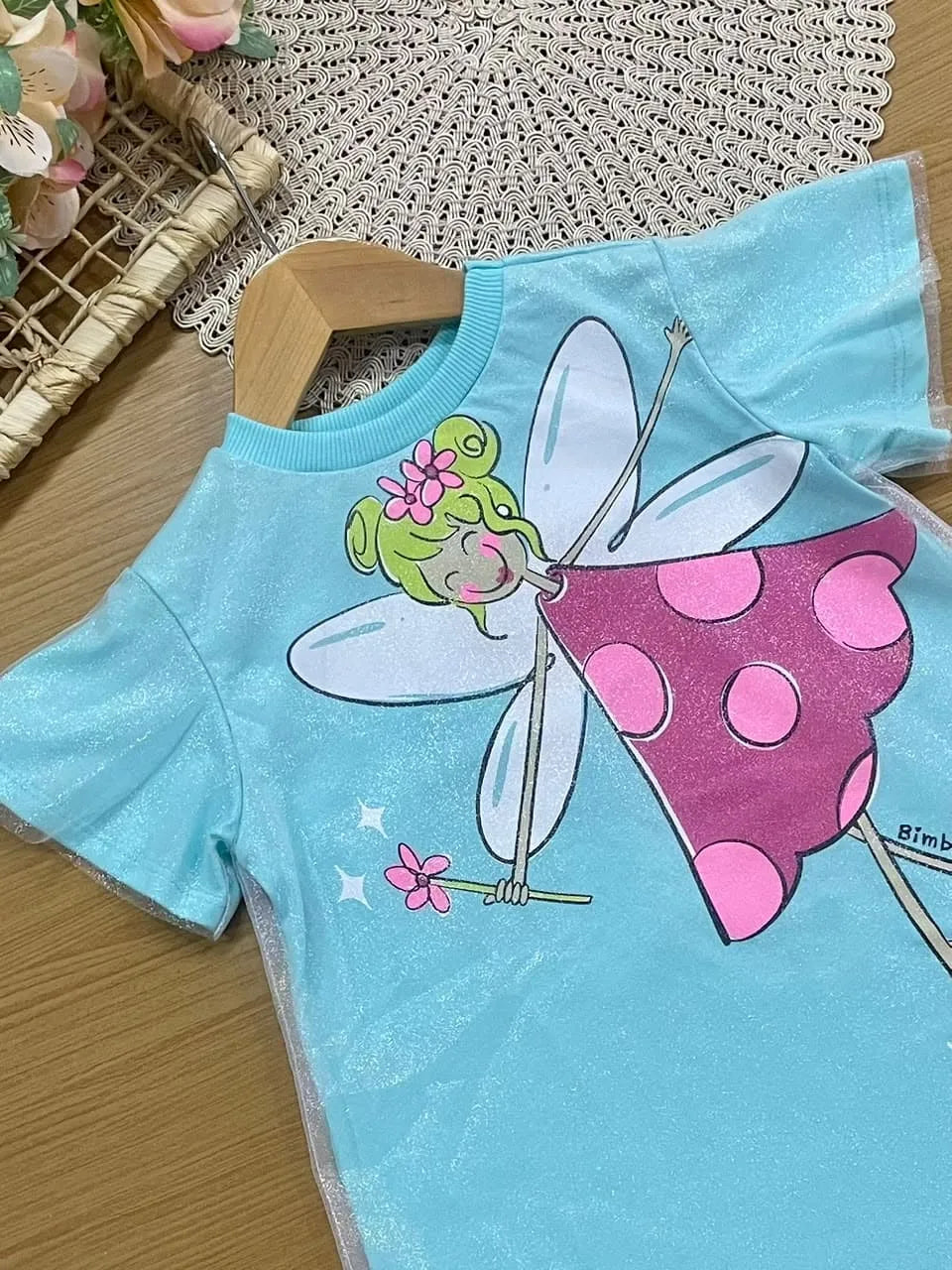 Vestido Infantil Bimbi com Sobreposição em Tule Azul Fadinha