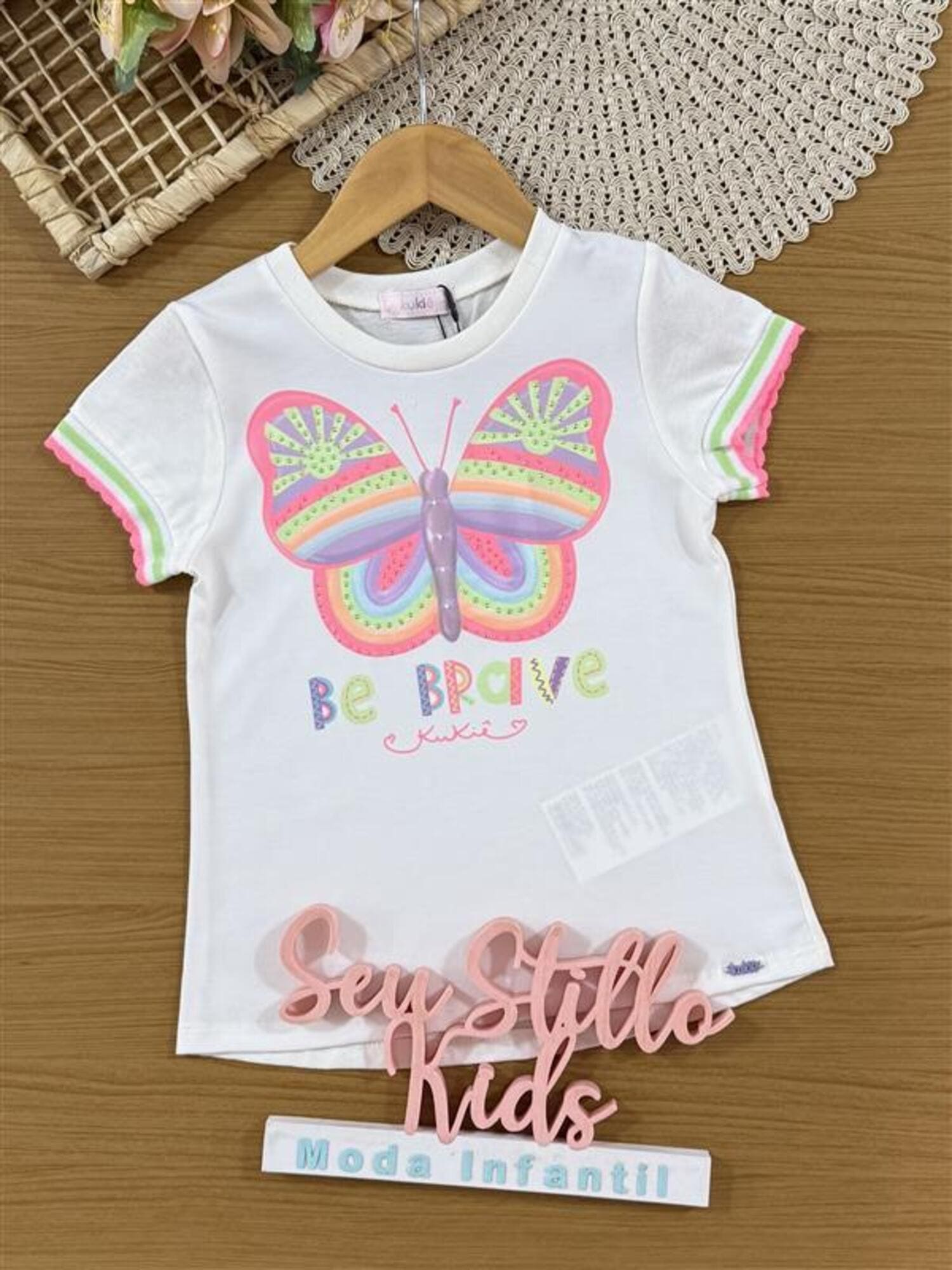 Blusa Infantil Kukiê Verão Branca Borboleta com Strass