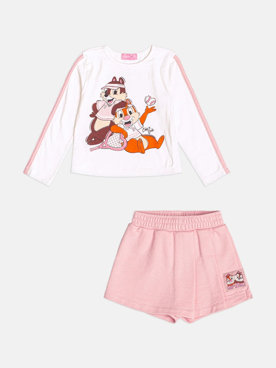 Conjunto Infantil Momi Inverno com Shorts Saia Rosa e Blusa Manga Longa Tico e Teco Disney