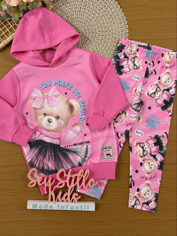 Conjunto Infantil Cinti Inverno com Calça Legging Rosa e Moletom Flanelado Ursinha Smile