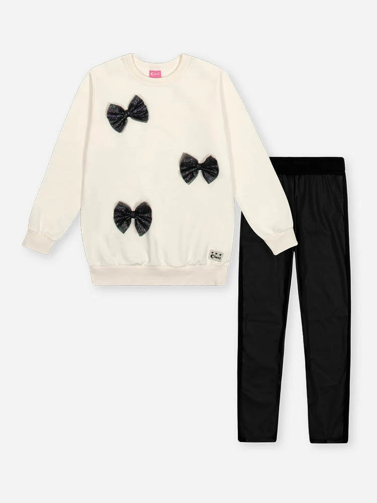 Conjunto Infantil Cinti Inverno com Calça Legging Preta e Moletom Flanelado Laços