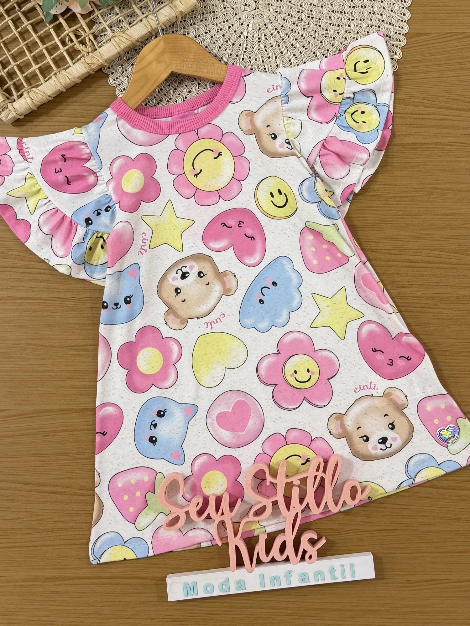 Vestido Infantil Cinti Inverno Manga Curta Ursinha Happy