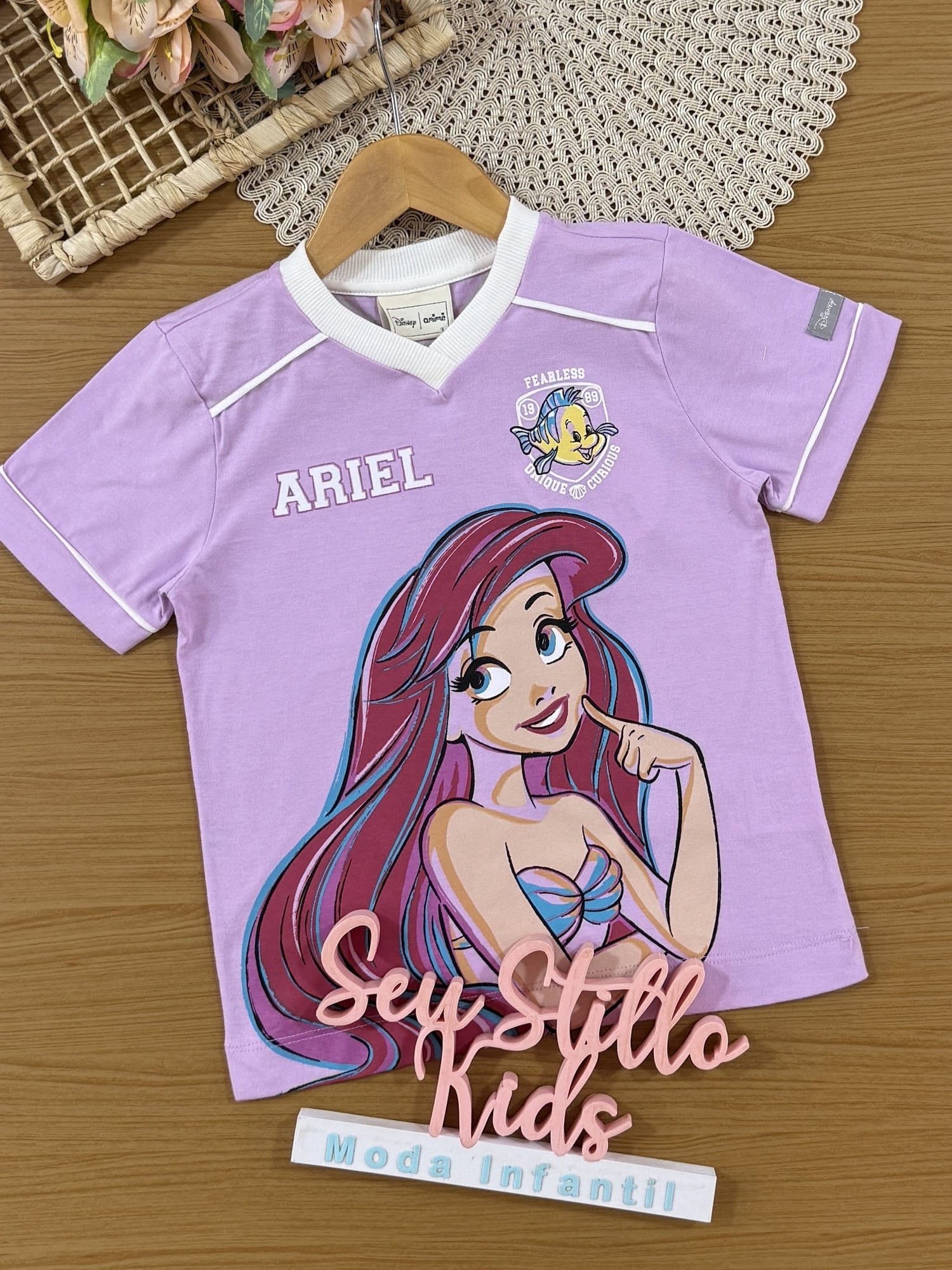 Blusa Infantil Animê Verão Lilás Ariel Disney