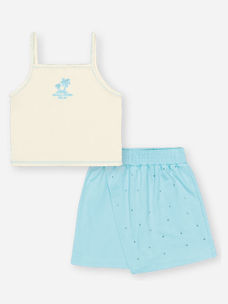 Conjunto Infantil Belime Verão com Shorts Saia Azul e Regata Branca Beach Lovers