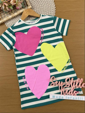Vestido Infantil Bimbi Inverno Verde Listrado Coração