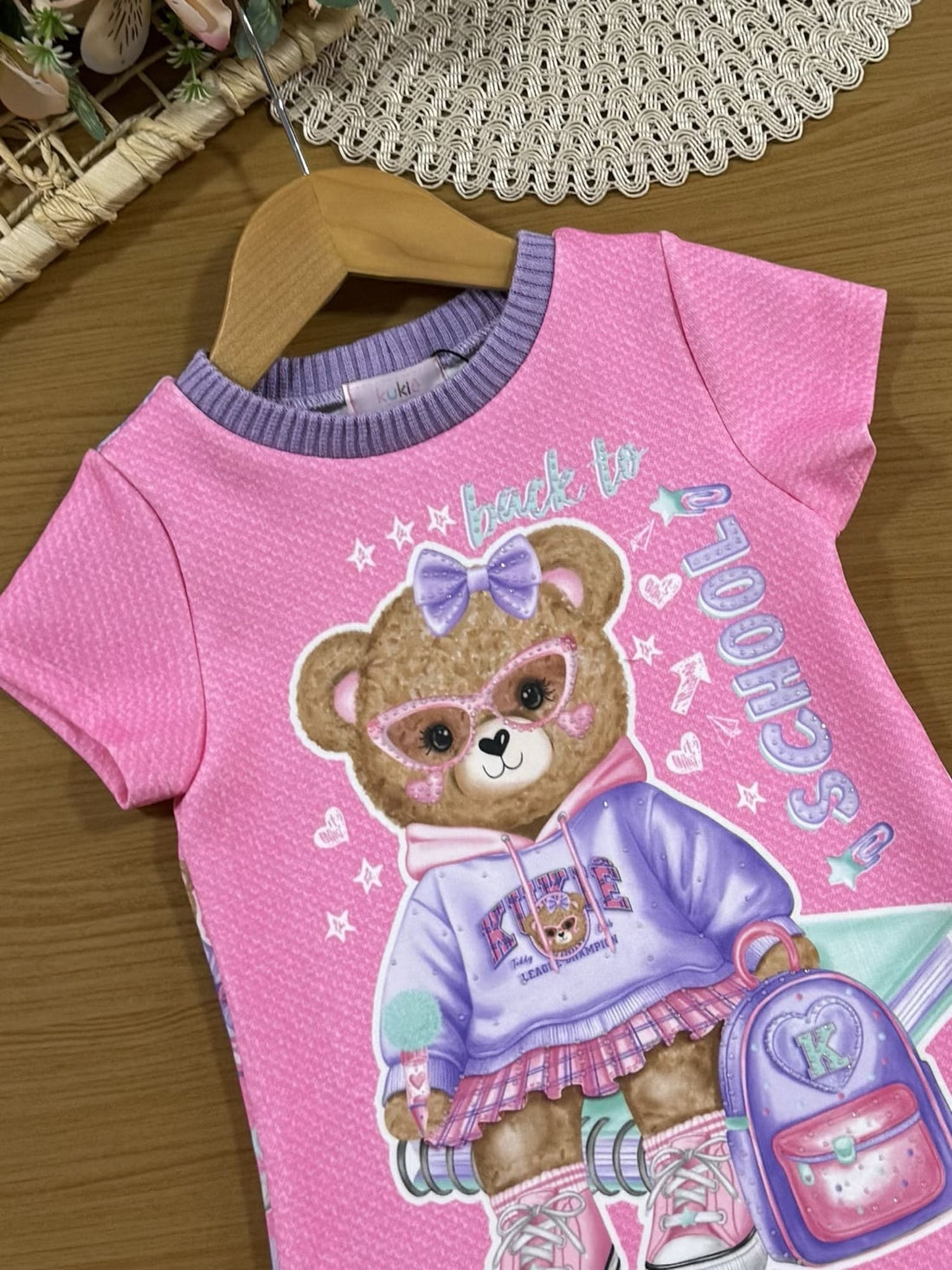 Vestido Infantil Kukiê Manga Curta Rosa Ursinha Escolar
