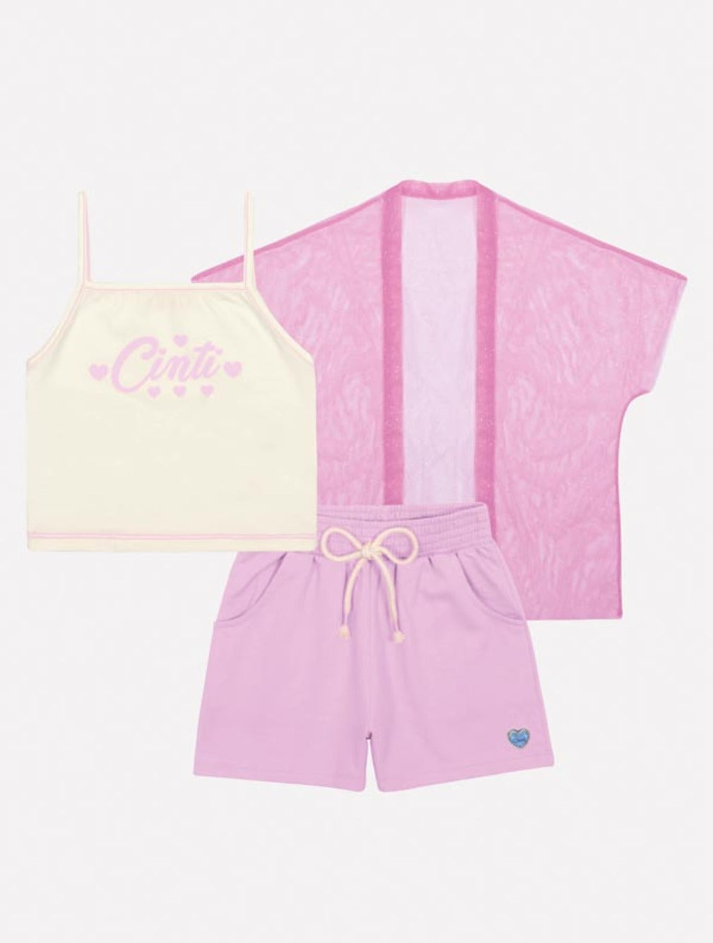 Conjunto Infantil Cinti Verão Shorts Lilás e Top Com Sobreposição Em Tule