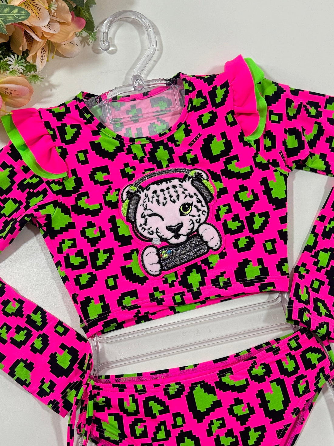 Biquíni Infantil Siri Kids Cropped Manga longa Karol Rosa Onça Pixel 39108