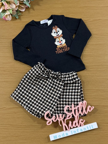 Conjunto Infantil Momi Inverno com Short e Blusa Manga Longa Preta Tico e Teco Disney