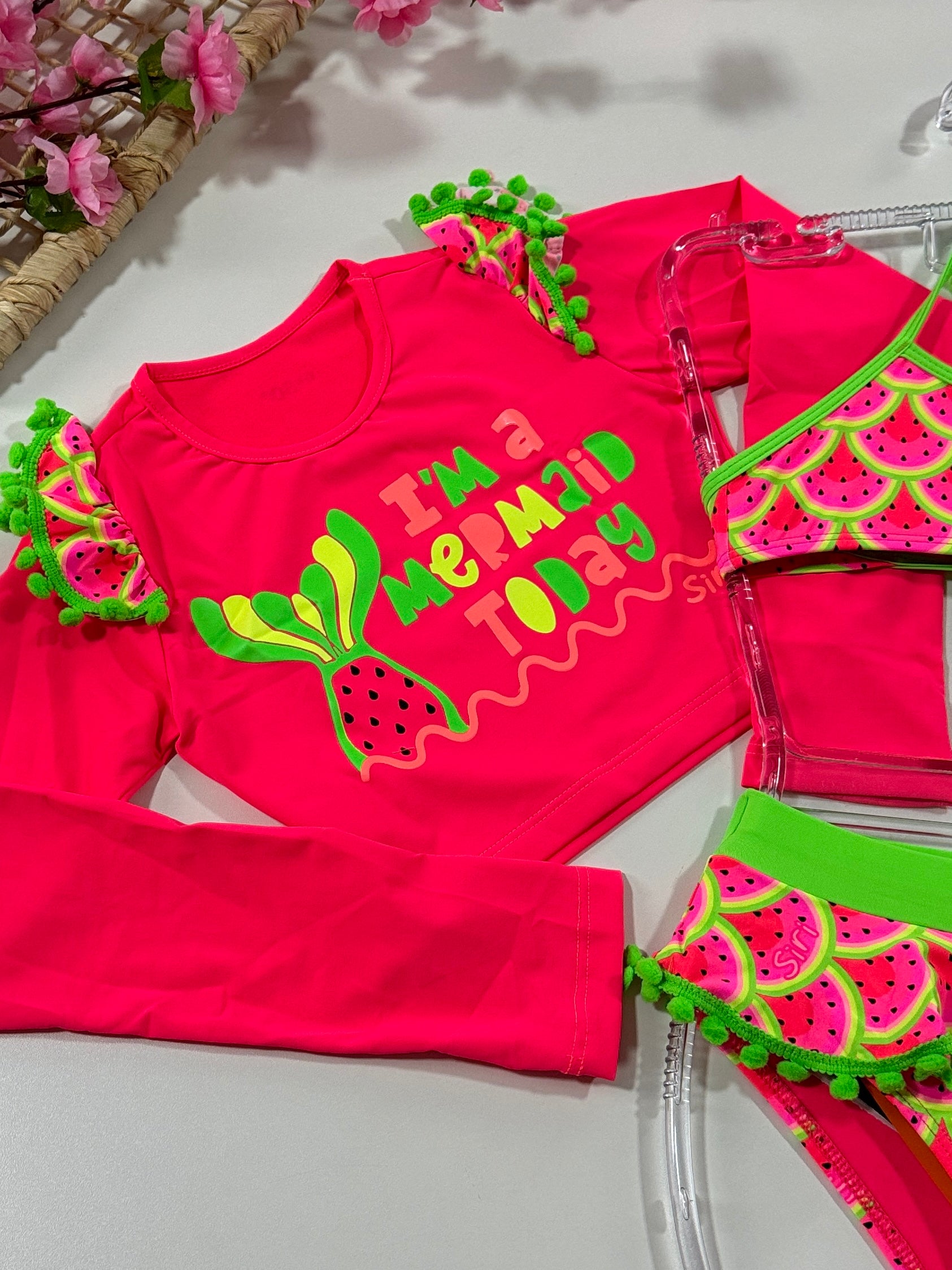 Biquíni Infantil Siri Kids com Cropped Manga Longa Sereia Melancia 39203