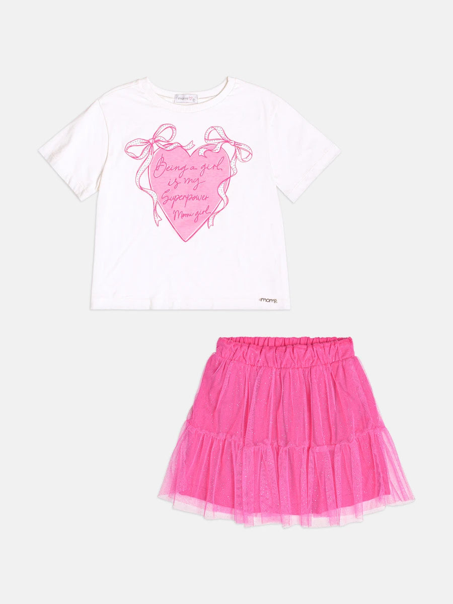 Conjunto Infantil Momi Inverno com Saia Rosa em Tule e Blusa Manga Curta Coração