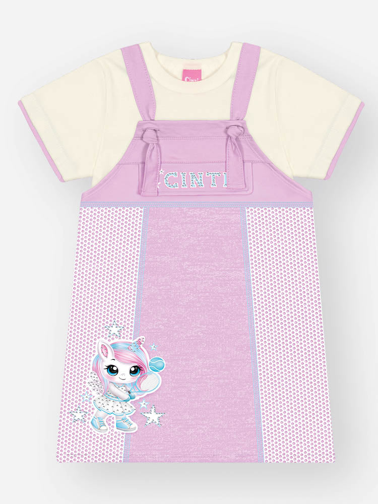 Salopete Infantil Cinti Verão Lilás Unicórnio Tênista com Blusa Branca