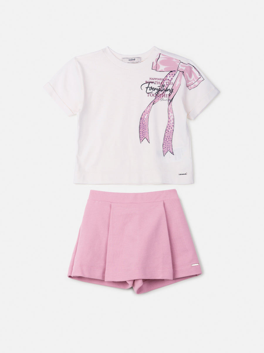 Conjunto Infantil Animê Inverno com Short-Saia Rosa e Blusa Lacinho