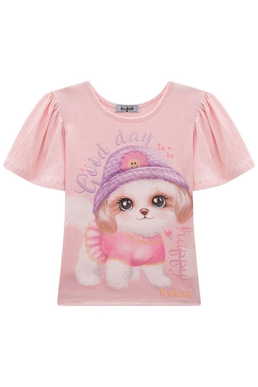 Blusa Infantil Kukie Verão Rosa Cachorrinha