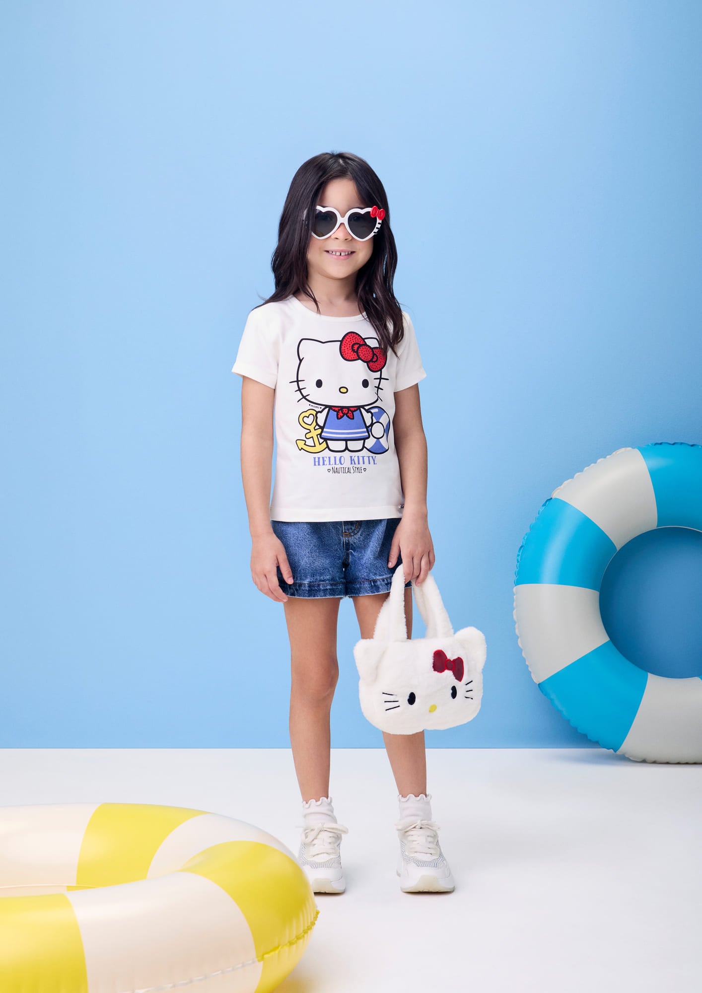 Blusa Infantil Momi Verão Branca Hello Kitty Estilo Náutico