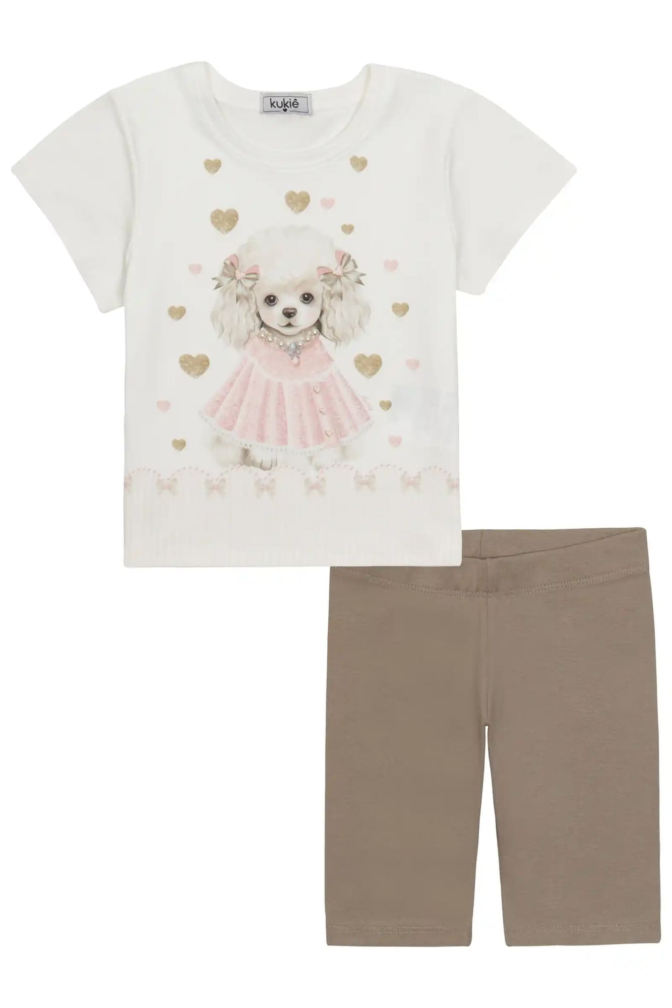 Conjunto Infantil Kukiê com Shorts Ciclista Bege e Blusa Manga Curta Cachorrinha