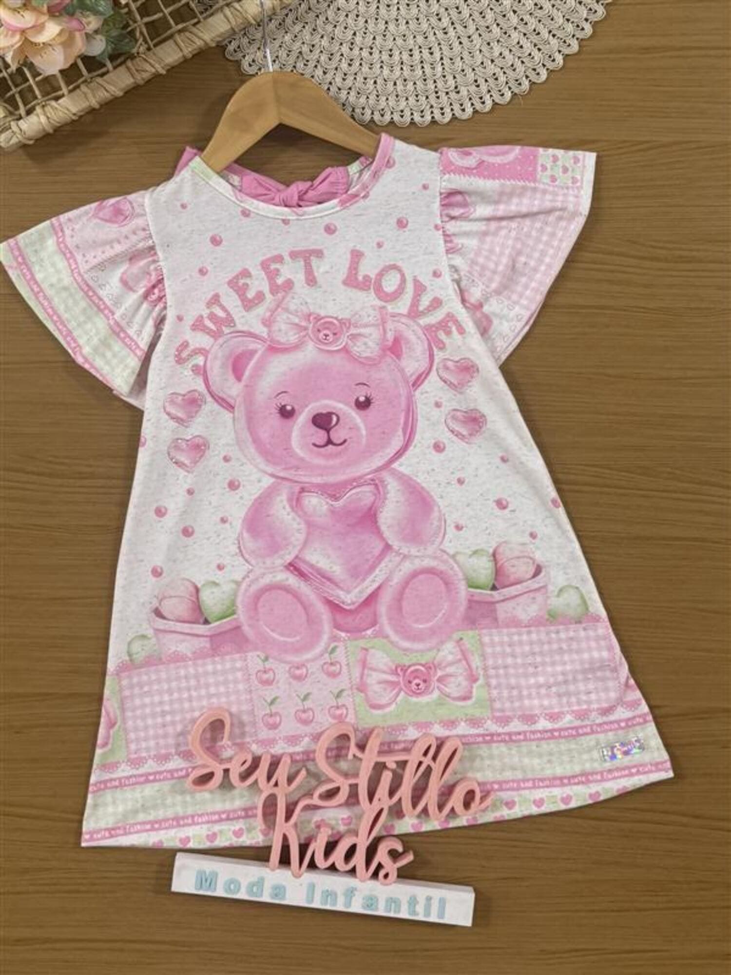 Vestido Infantil Cinti Verão Off White Ursinha Sweet Love