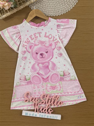 Vestido Infantil Cinti Verão Off White Ursinha Sweet Love